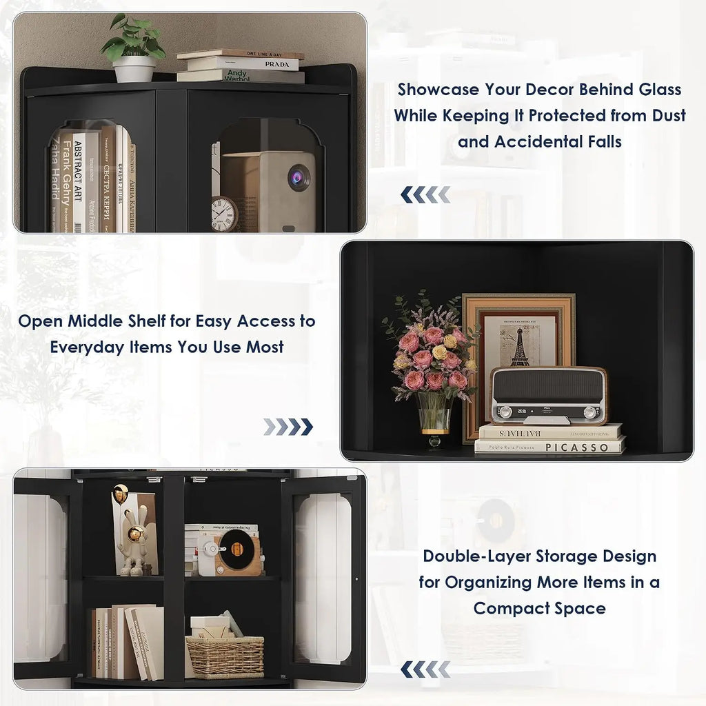69" Tall Corner Storage Cabinet with Glass Doors, 5-Tier Display Shelf for Small Spaces, Modern Bookshelf for Living Room, Home Office, Kitchen, Black