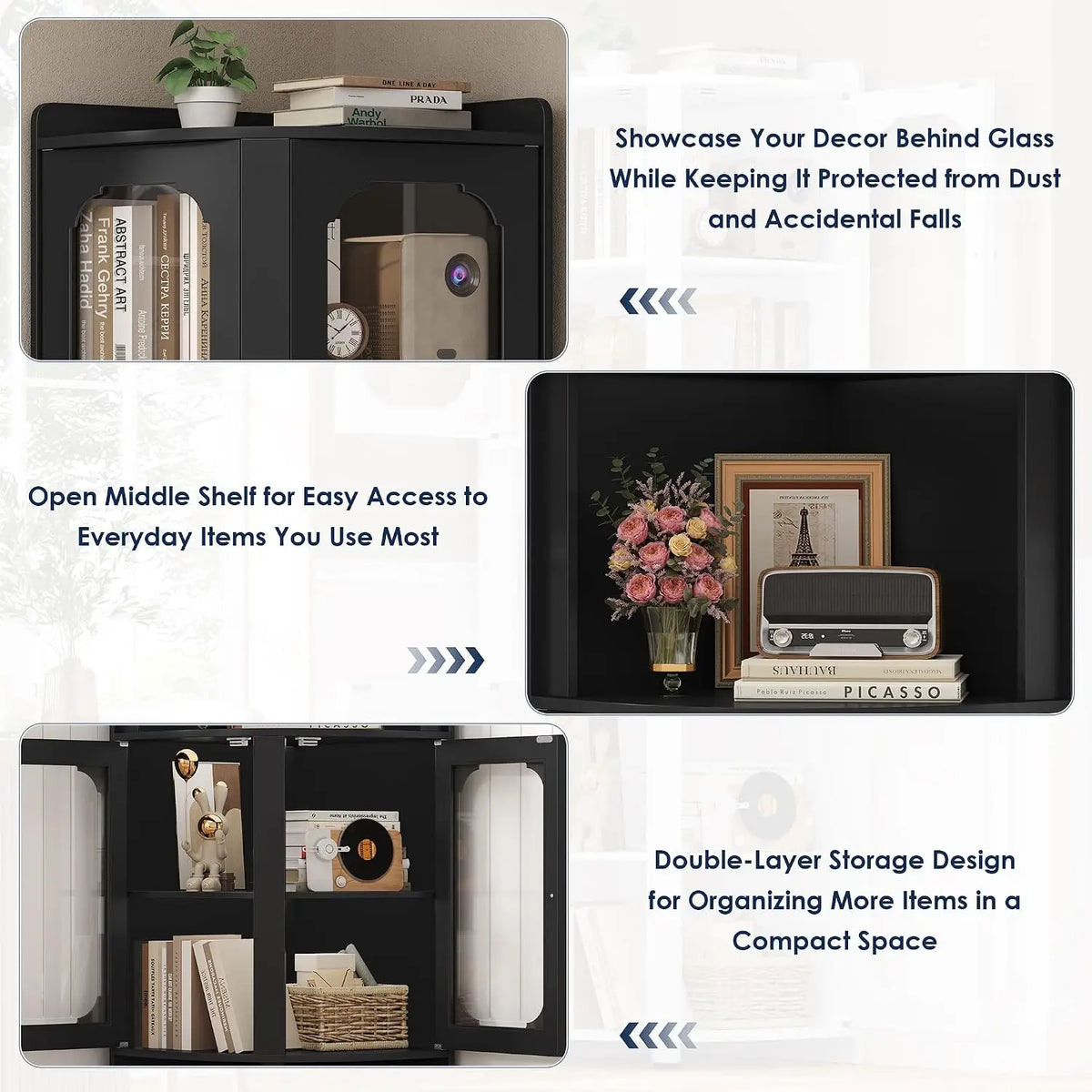 69" Tall Corner Storage Cabinet with Glass Doors, 5-Tier Display Shelf for Small Spaces, Modern Bookshelf for Living Room, Home Office, Kitchen, Black
