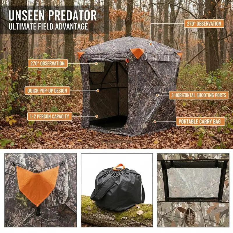 Ground Hunting Tent 60x60x66 Inches For Deer Hunting Turkey Season Archery, 270 Degree One Way Mirror Vision 3 Horizontal Windows Resilient Fabric Portable Carrying Bag Pop Up Design 1-2 Person Capacity 300D Oxford Cloth Outdoor Concealment Gear