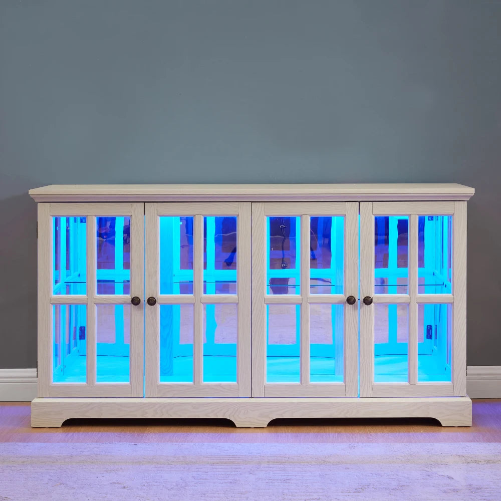 LED Curio Display Cabinet Vintage Showcase with Glass Doors Adjustable Shelves for Home Office Four Door Design