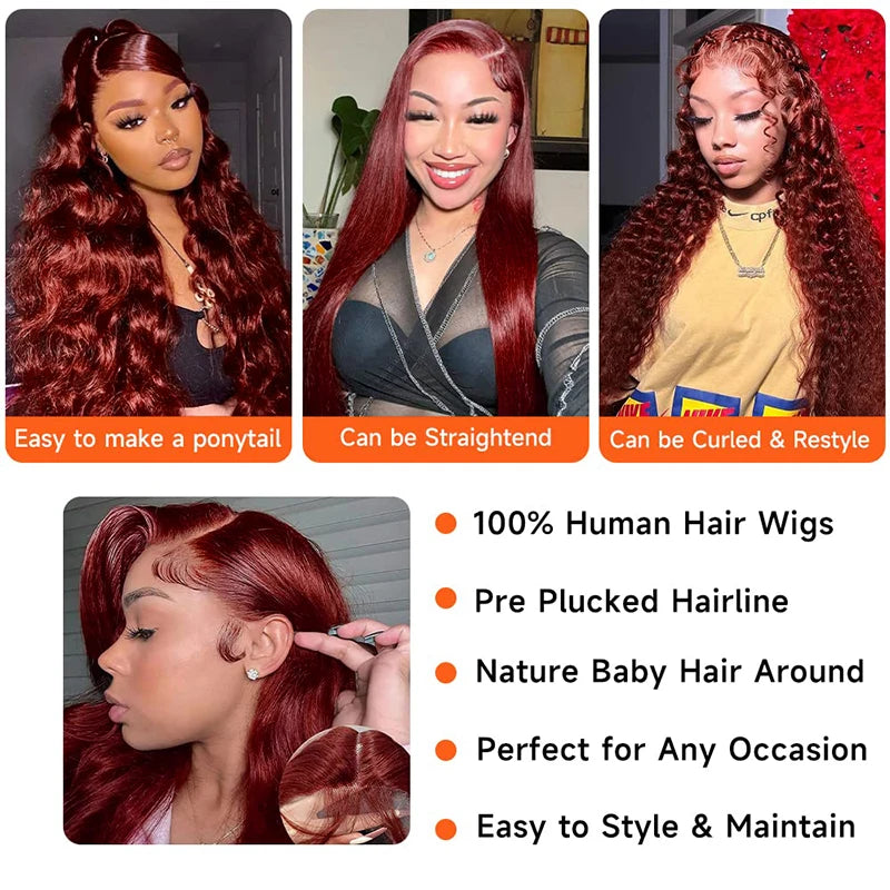 Body Wave Reddish Brown 13x6 Lace Front Wigs Human Hair Pre Plucked With Baby Hair #33 Colored Wigs for Women 180% Density