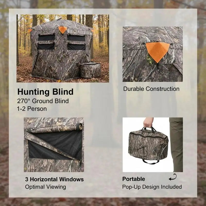 Ground Hunting Tent 60x60x66 Inches For Deer Hunting Turkey Season Archery, 270 Degree One Way Mirror Vision 3 Horizontal Windows Resilient Fabric Portable Carrying Bag Pop Up Design 1-2 Person Capacity 300D Oxford Cloth Outdoor Concealment Gear