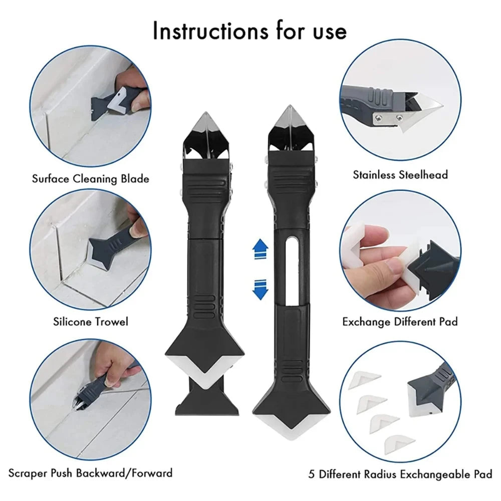 5 in 1 Metal Head Shovel Glue Tool Kit: Silicone Spatula, Caulk Remover, Grout Removal, Sealant Finishing & Corner Scrap