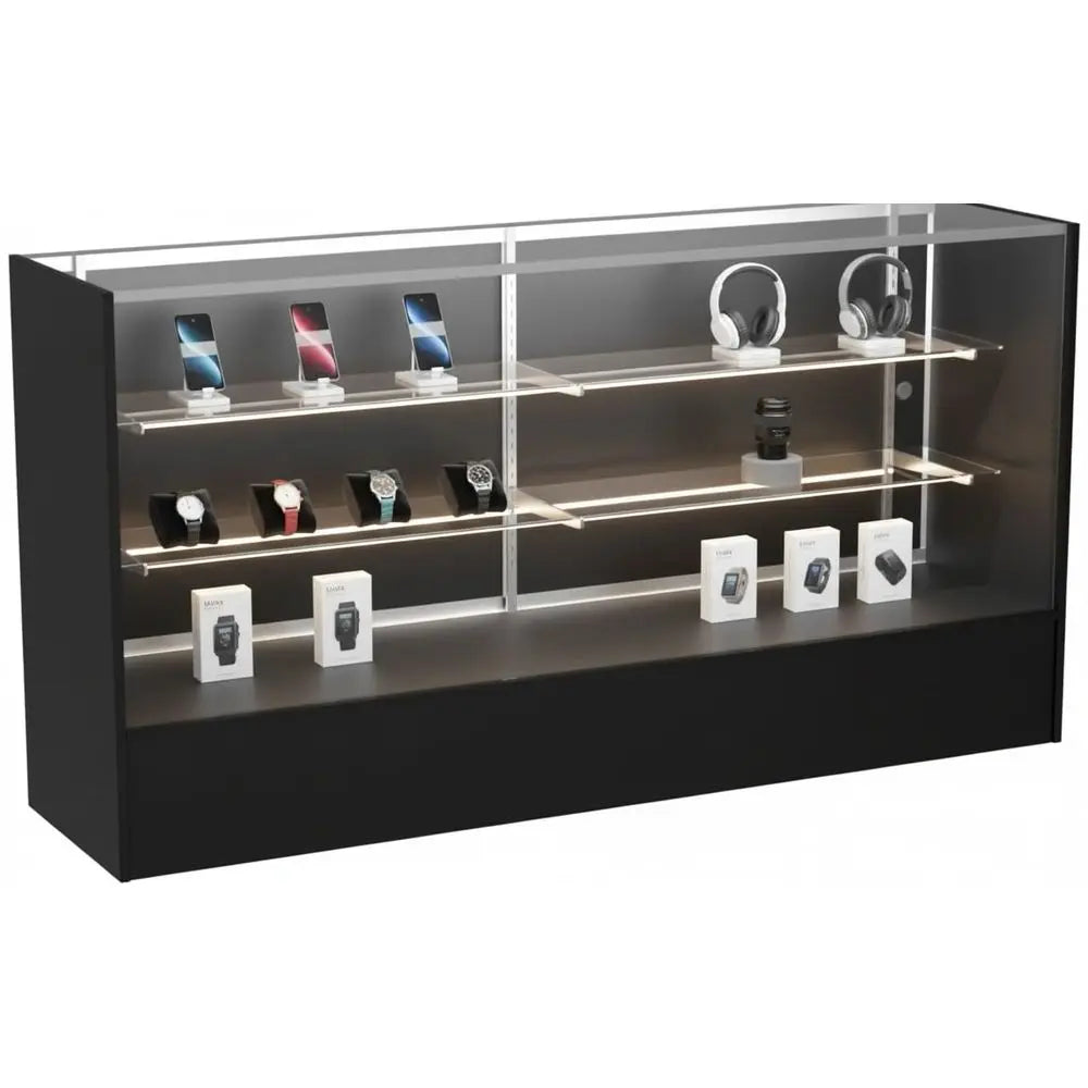 Full Vision Display Cabinet 72 Glass Showcase with LED Light, Adjustable Shelves, Locking Sliding Doors Retail Display Counter