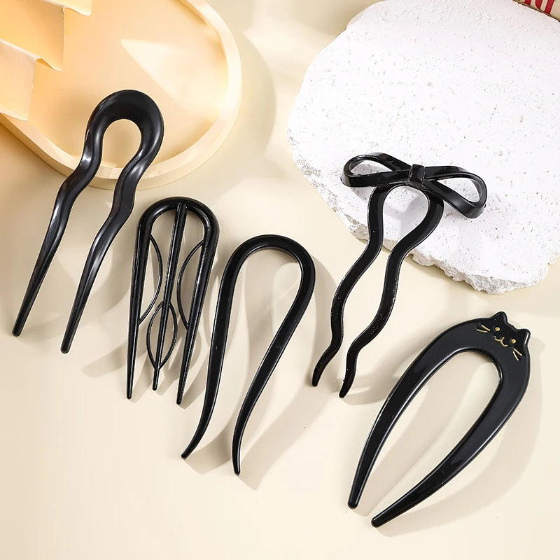 U-Shaped Hair Fork Fashion Tortoiseshell Acetate Acrylic Hairpin Geometric Headwear Hair Sticks Women Girls Hair Accessories