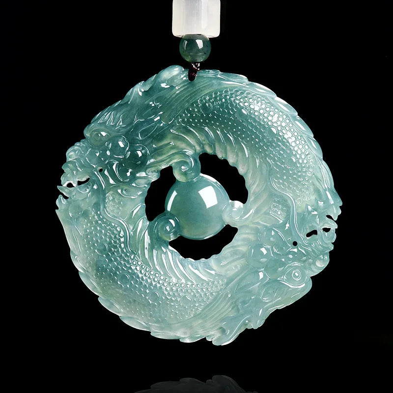 Natural Real Emerald Blue Water Jade Double Dragon Brand Pendant Necklace Carved Jadeite Jewelry Fashion Amulet Gift Certificate