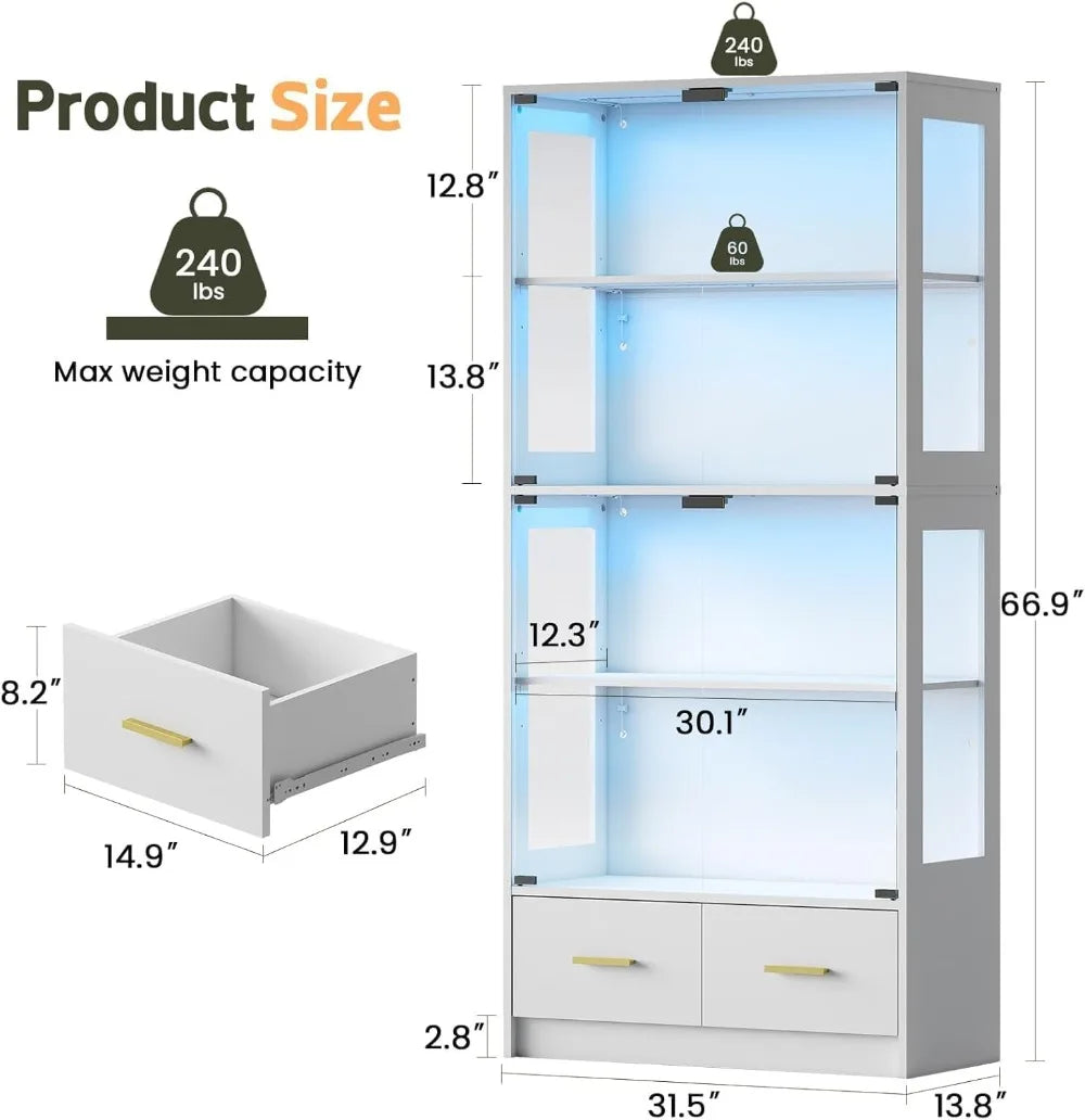 67" Curio Cabinet with Glass Doors, 4-Tier Display Case with RGB LED Lights & 2 Drawers, White for Collectibles