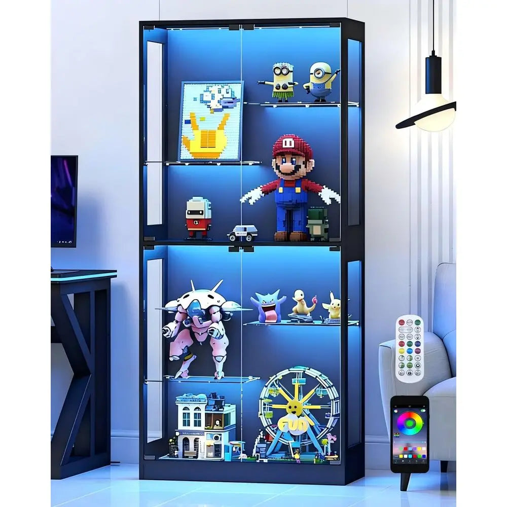 Display Cabinet with Glass Doors 69 Curio Cabinet for Collectibles with RGB LED Lights and Adjustable Shelves, Glass Display Ca