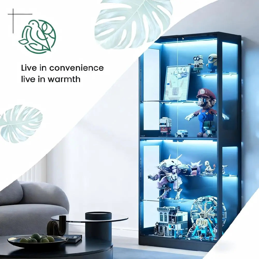 Display Cabinet with Glass Doors 69 Curio Cabinet for Collectibles with RGB LED Lights and Adjustable Shelves, Glass Display Ca