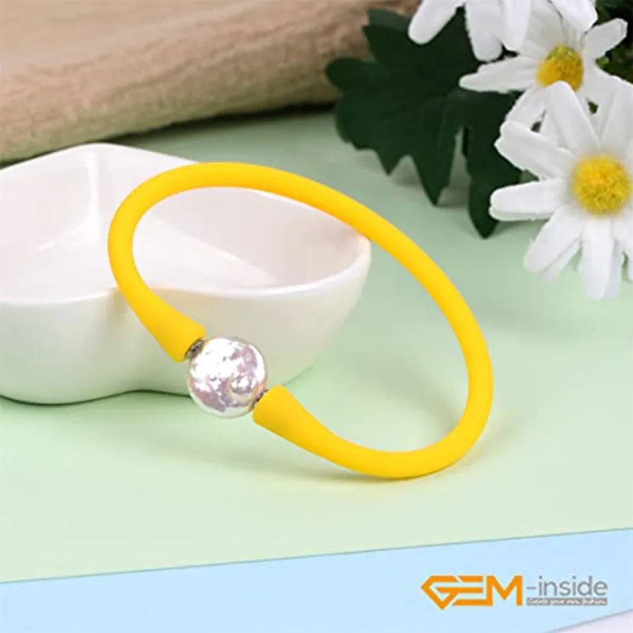 Quality Assurance GEM-Inside Big 13mm Real Coin Pearl Bridesmaid Yellow Stackable Silicone Rubber Stretch Freshwater Cultured P