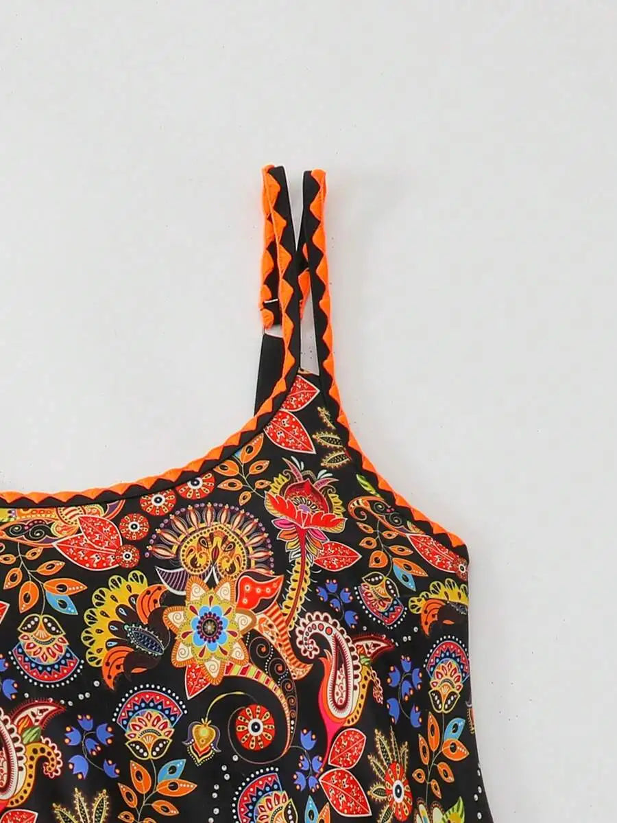 Boho Paisley Print Camisole Bikini Top With Orange Trim Hipster Bottoms Two Piece Beachwear Set