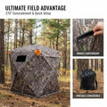 Ground Hunting Tent 60x60x66 Inches For Deer Hunting Turkey Season Archery, 270 Degree One Way Mirror Vision 3 Horizontal Windows Resilient Fabric Portable Carrying Bag Pop Up Design 1-2 Person Capacity 300D Oxford Cloth Outdoor Concealment Gear