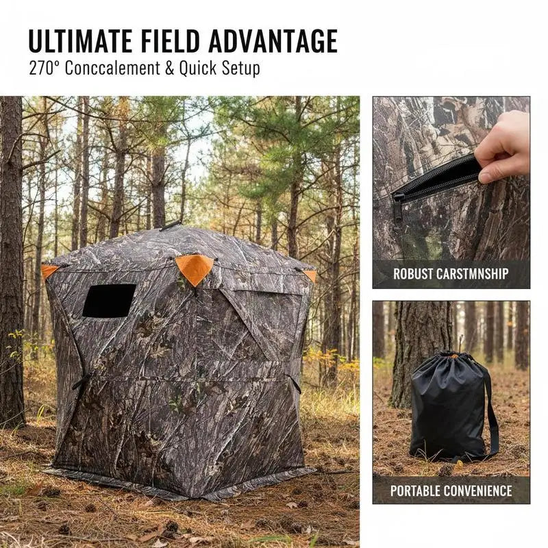 Ground Hunting Tent 60x60x66 Inches For Deer Hunting Turkey Season Archery, 270 Degree One Way Mirror Vision 3 Horizontal Windows Resilient Fabric Portable Carrying Bag Pop Up Design 1-2 Person Capacity 300D Oxford Cloth Outdoor Concealment Gear