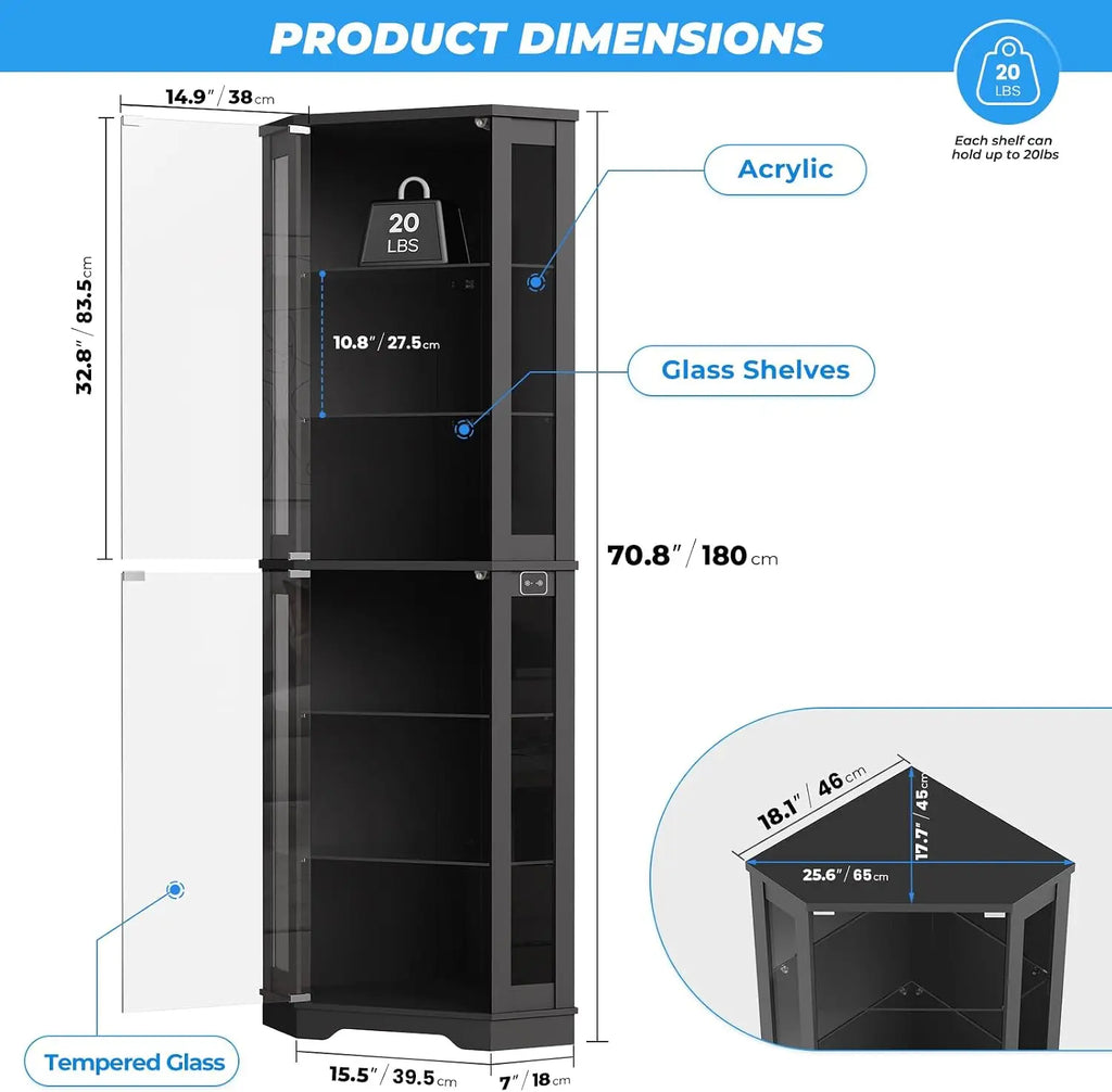 71" Corner Display Cabinet with Glass Doors, 6-Tier Curio Cabinet with 3 LED Lights & Glass Shelves, Human Body Sensor, Showcase for Collectibles, Black