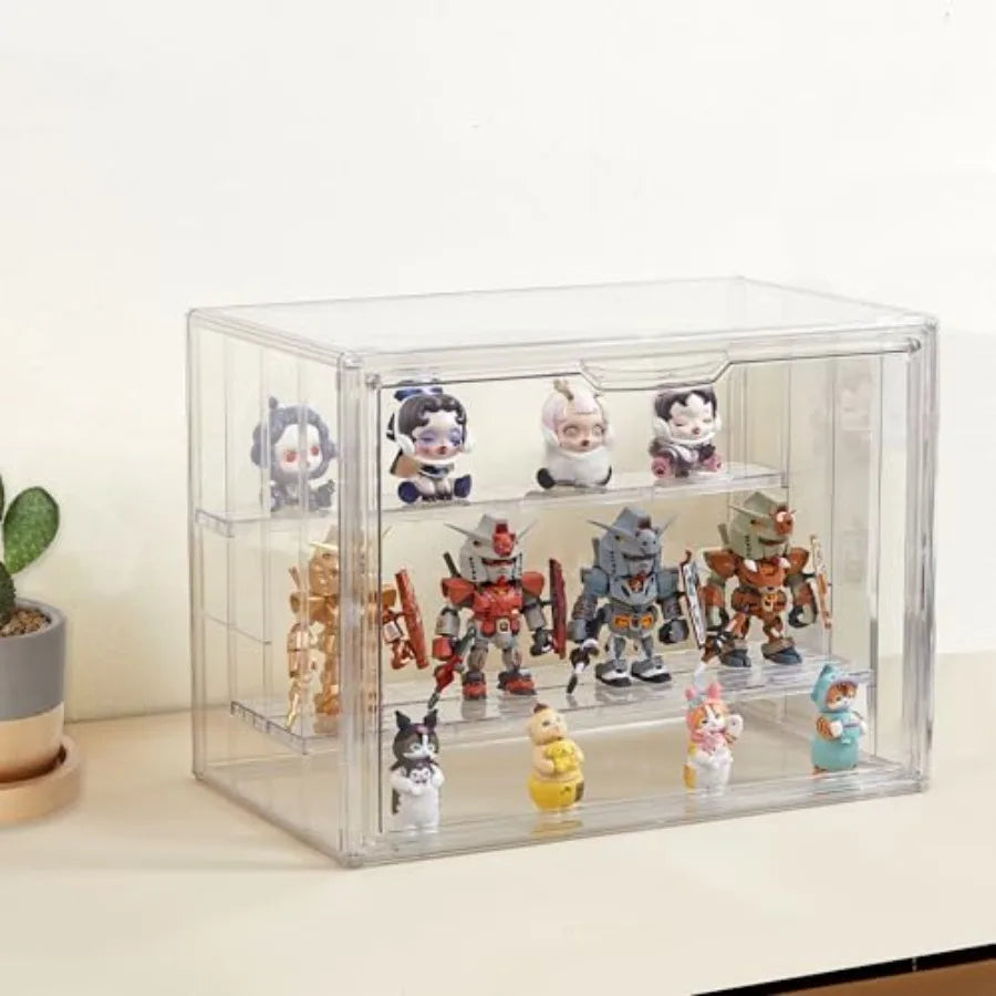 Clear Acrylic Display Case Upgrade 4 Tier Figure Display Case with 3 Movable Dividers Stackable Display Box Showcase with Magne