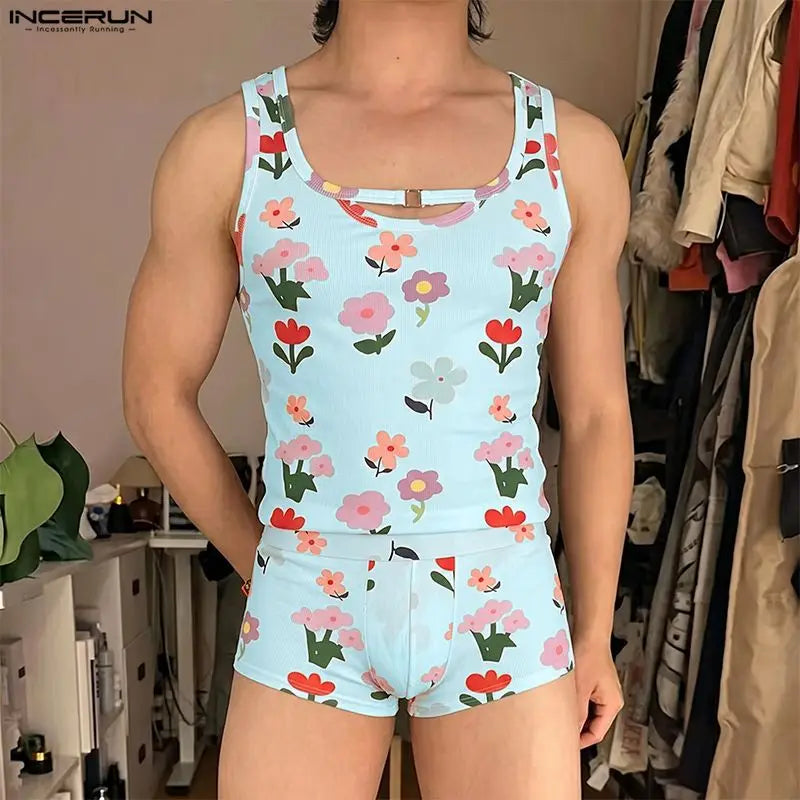 INCERUN Men's Sets Flower Printing Summer Homewear Sleeveless Tank Tops Shorts Two Piece Sets 2026 Casual Unisex Matching Sets