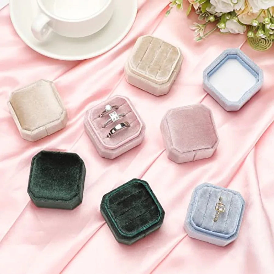 Velvet Ring Box, Octagon Velvet Jewelry Ring Box Storage 3 Slots Ring Holder Box for Proposal, Engagement, Wedding Ceremony Gre