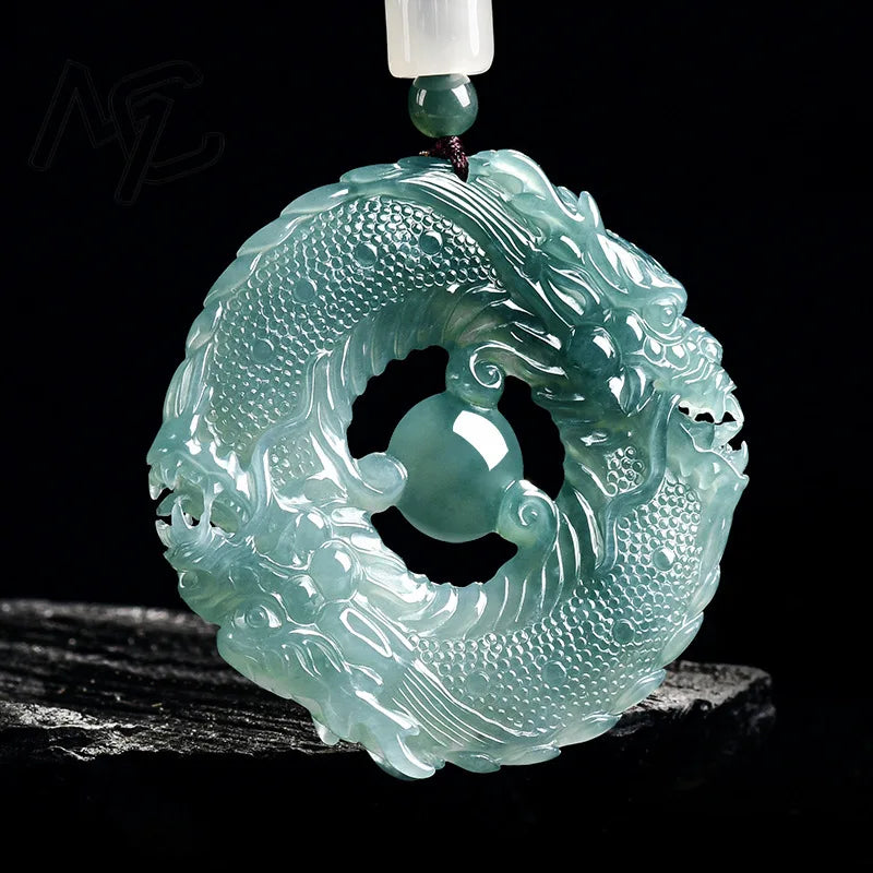 Natural Real Emerald Blue Water Jade Double Dragon Brand Pendant Necklace Carved Jadeite Jewelry Fashion Amulet Gift Certificate