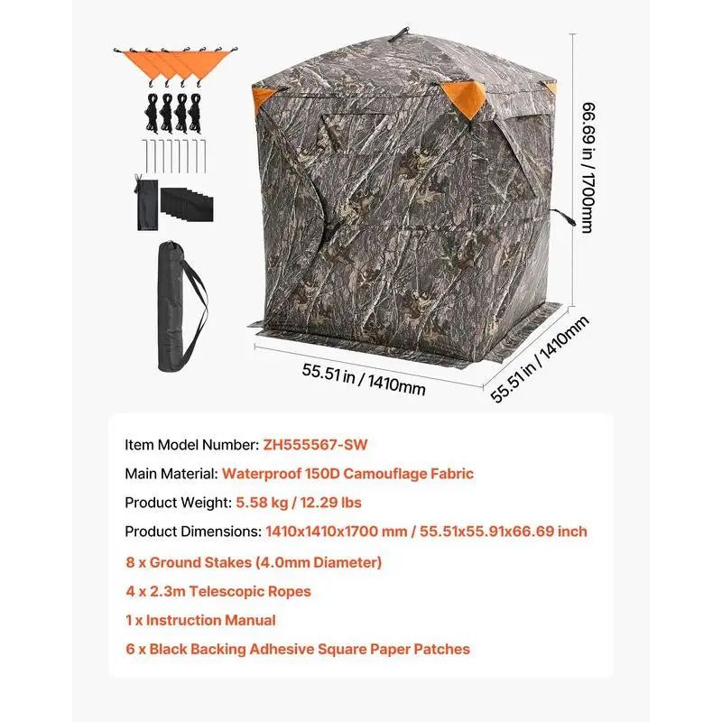 Ground Hunting Tent 60x60x66 Inches For Deer Hunting Turkey Season Archery, 270 Degree One Way Mirror Vision 3 Horizontal Windows Resilient Fabric Portable Carrying Bag Pop Up Design 1-2 Person Capacity 300D Oxford Cloth Outdoor Concealment Gear