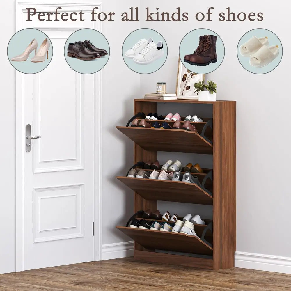 Shoe Cabinet with 3 Flip Drawers, Slim Narrow Shoe Storage Cabinet, Freestanding Shoe Organizer with Adjustable amp Removable S