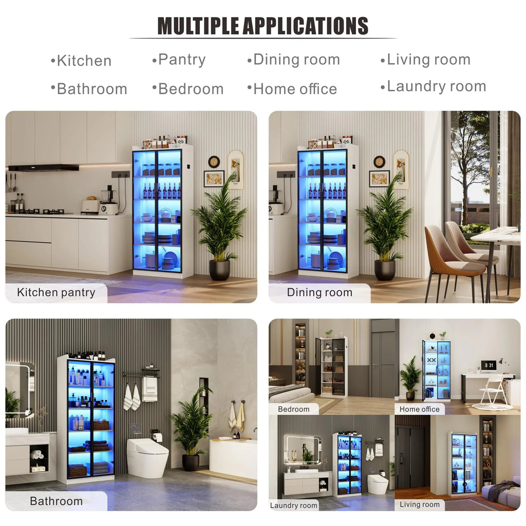 65 Inch Tall Display Cabinet With Glass Doors LED Lighting Adjustable Shelves 5 Tier Bookcase For Living Room Bedroom Office