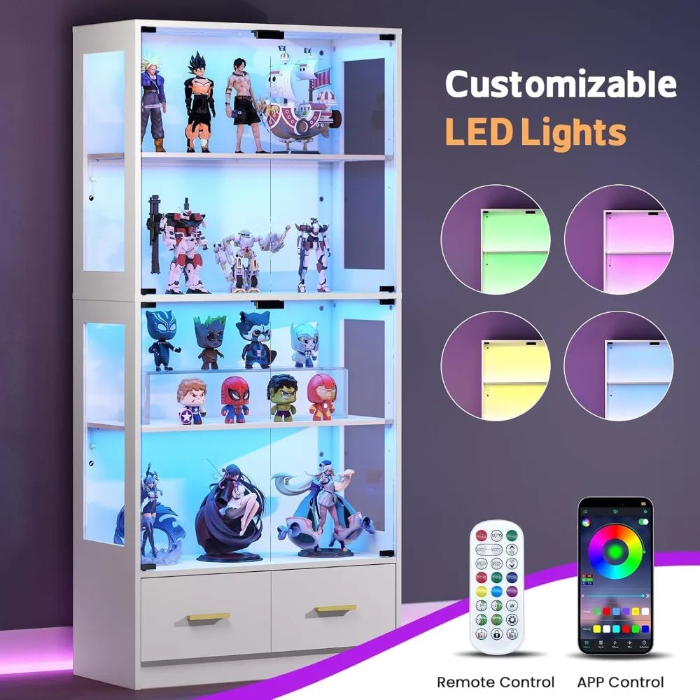67" Curio Cabinet with Glass Doors, 4-Tier Display Case with RGB LED Lights & 2 Drawers, White for Collectibles