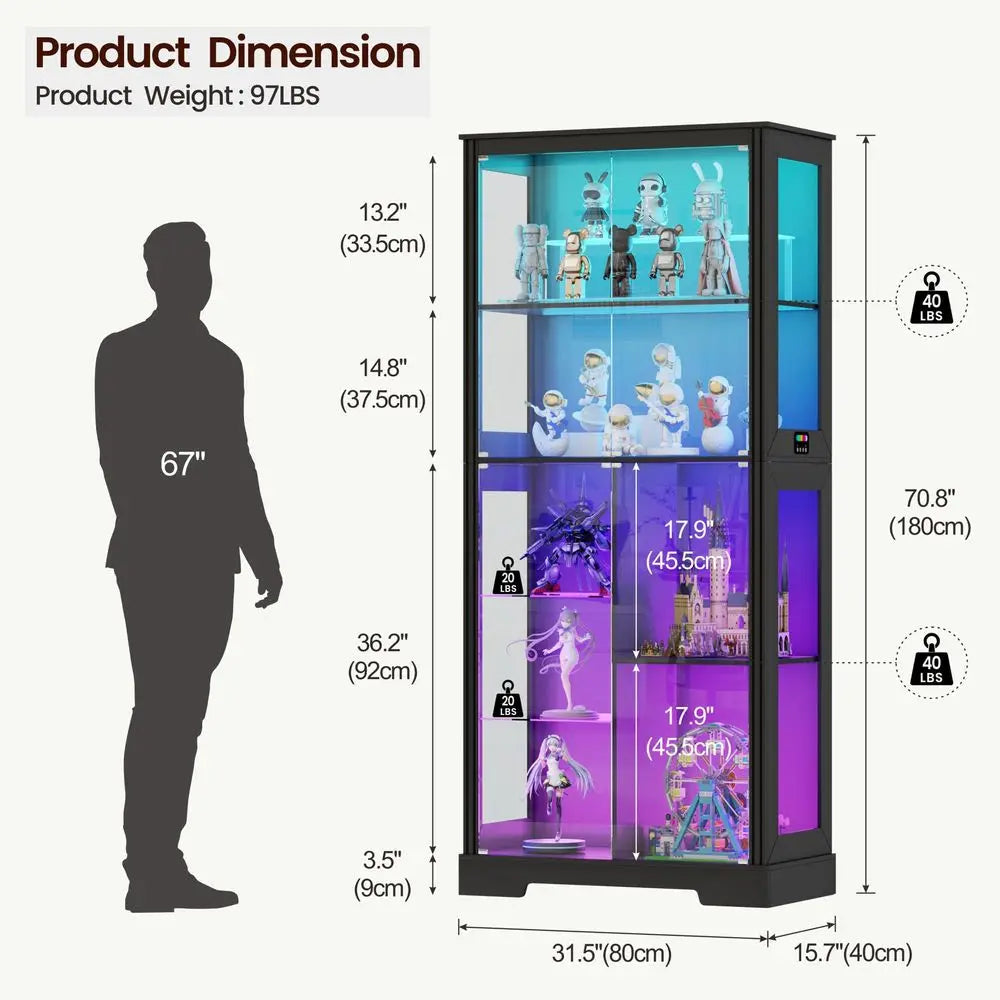 Lighted Corner Display Curio Cabinet Wooden Curved Shelving Unit with Tempered Glass Door, Bar and Liquor Storage Area with 6 S