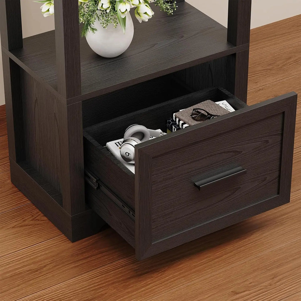 3-Color LED Display Shelf with Drawer, Dimmable Bookshelf for Collectibles, Books, Trophies, Black