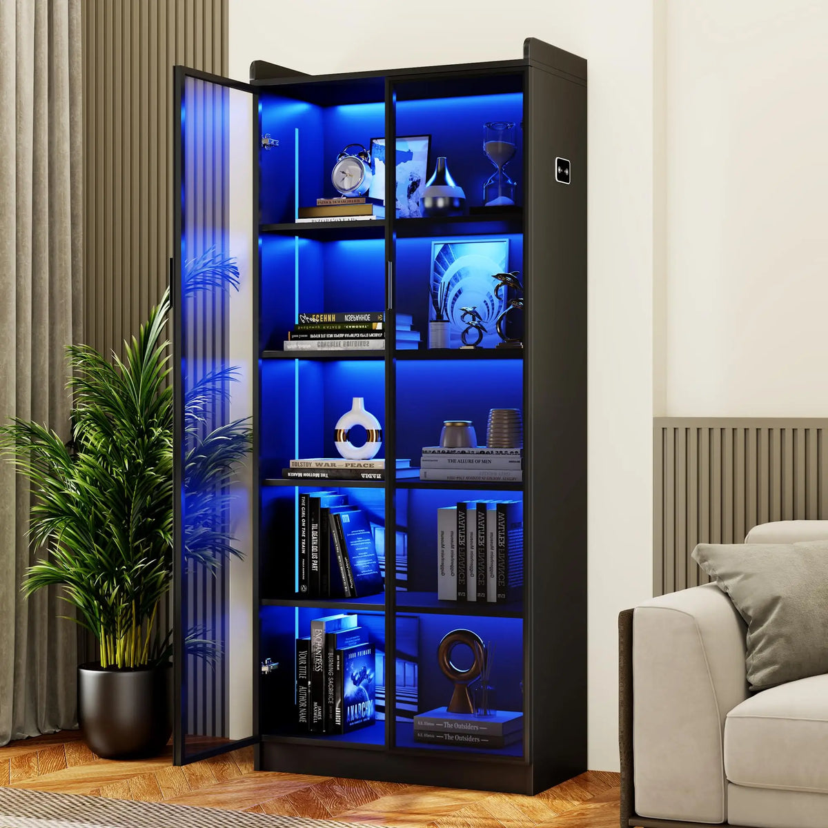 65 Inch Tall Display Cabinet With Glass Doors LED Lighting Adjustable Shelves 5 Tier Bookcase For Living Room Bedroom Office