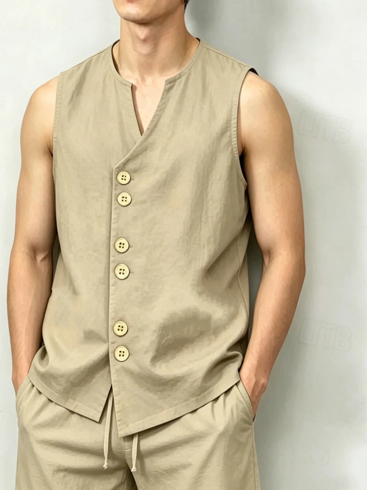 Men's Linen-Look Sleeveless Shirt & Shorts Set