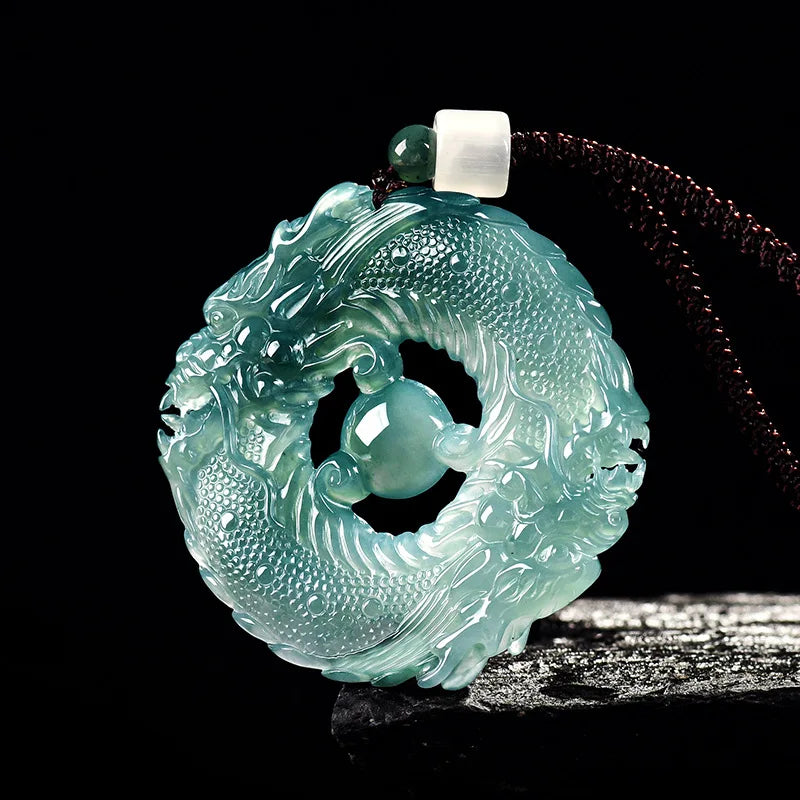 Natural Real Emerald Blue Water Jade Double Dragon Brand Pendant Necklace Carved Jadeite Jewelry Fashion Amulet Gift Certificate