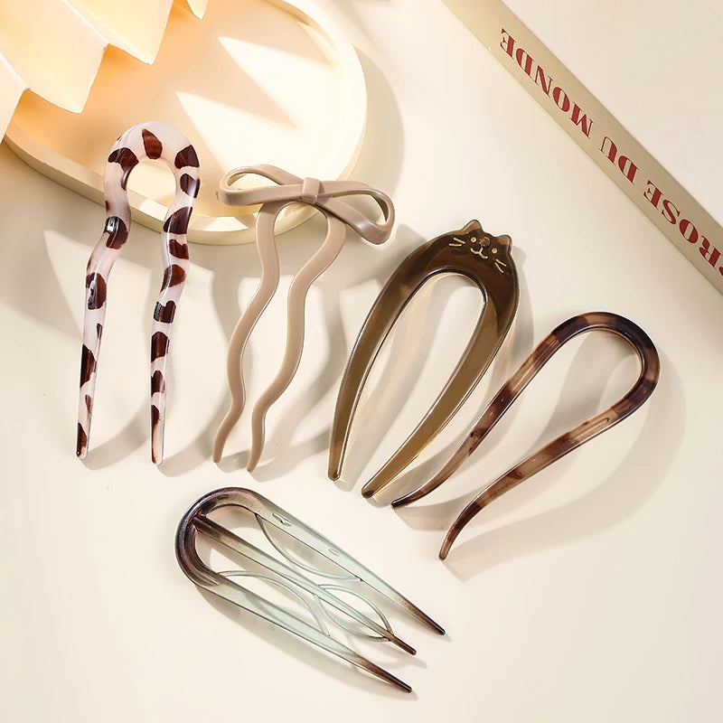 U-Shaped Hair Fork Fashion Tortoiseshell Acetate Acrylic Hairpin Geometric Headwear Hair Sticks Women Girls Hair Accessories