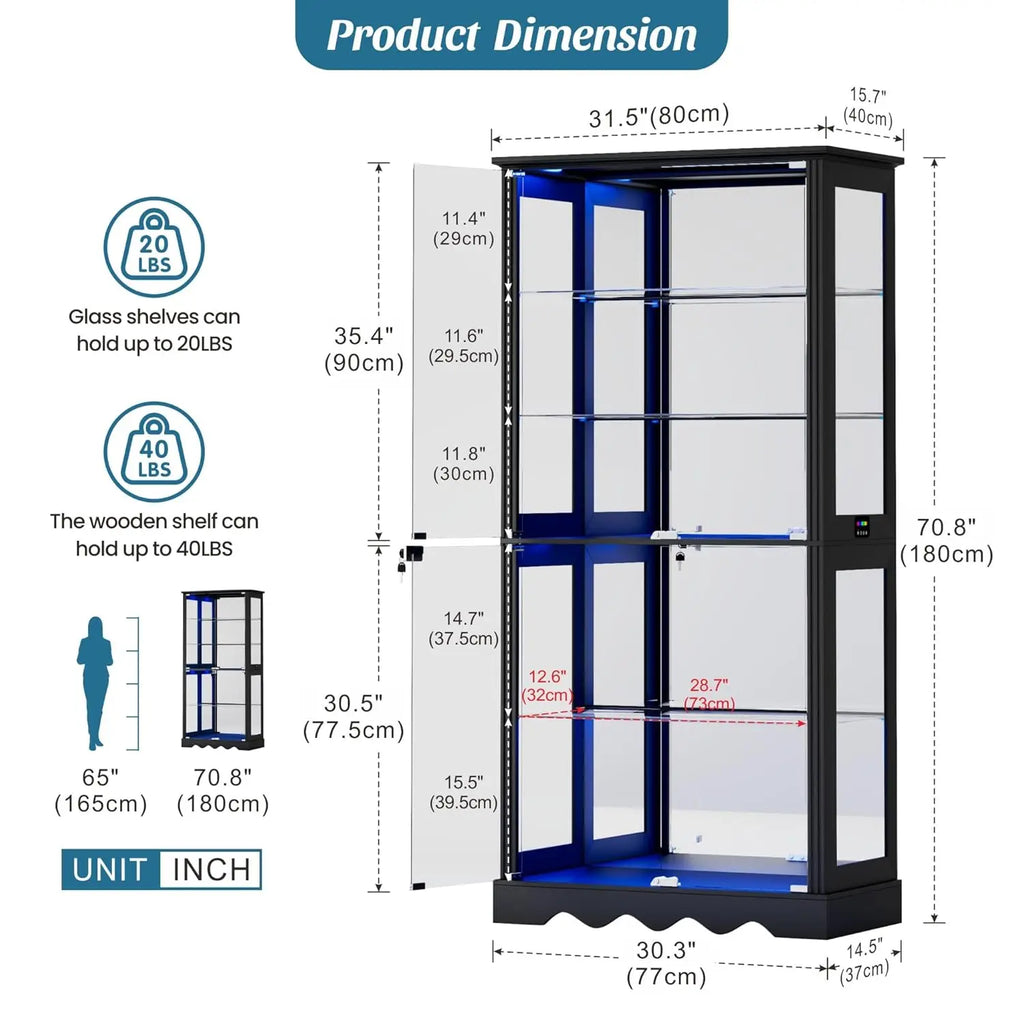 Display Cabinet with Glass Doors, 71'' Tall Curio Cabinet with RGB Lights for Collectibles, LED Display Case with, Customized