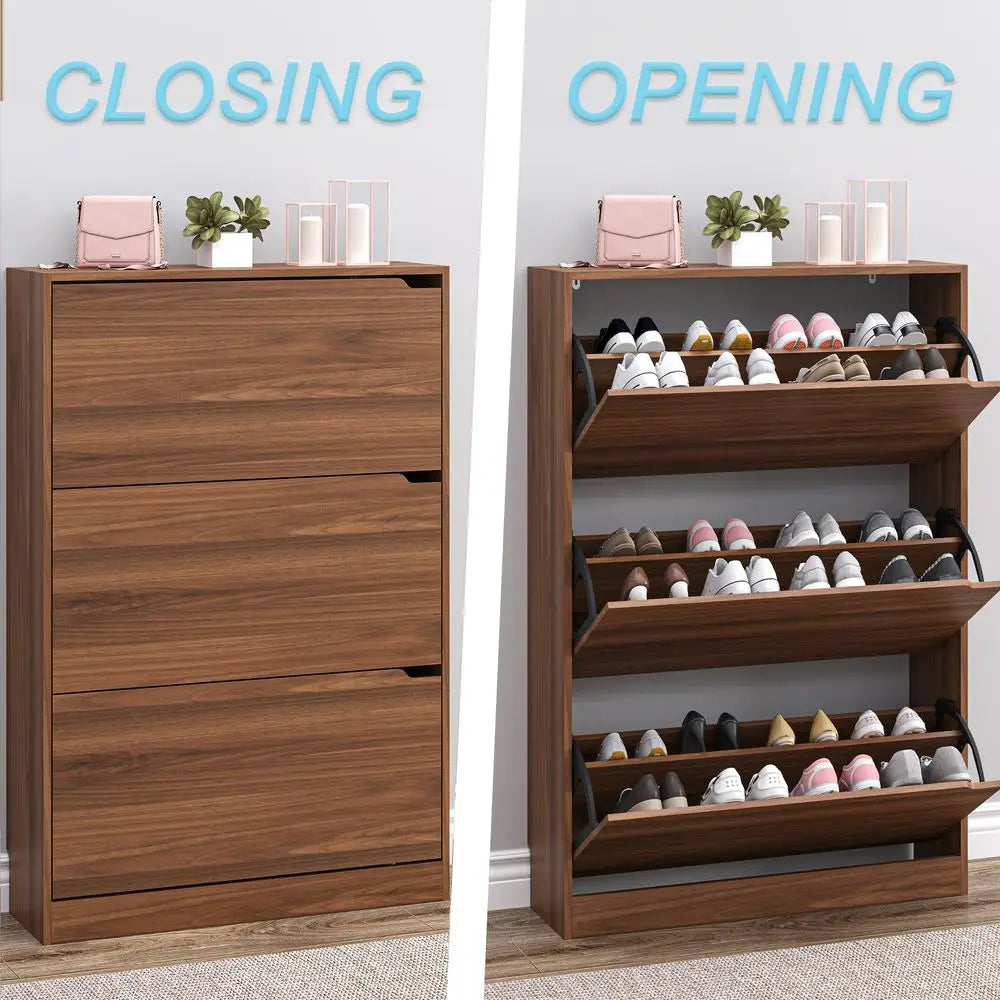 Shoe Cabinet with 3 Flip Drawers, Slim Narrow Shoe Storage Cabinet, Freestanding Shoe Organizer with Adjustable amp Removable S