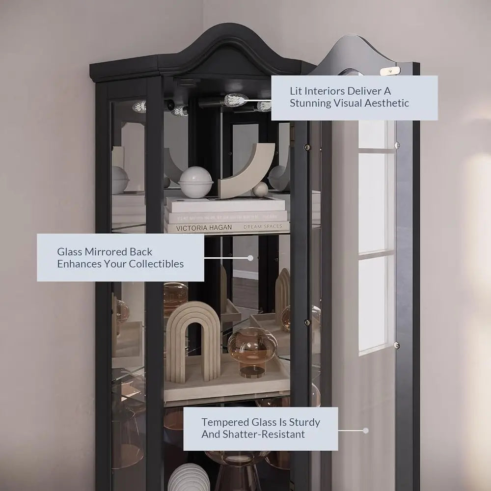 Lighted 3-Side Glass Display Curio Cabinet w/Tempered Glass Doand Shelves, Curved Wood Cabinet with Bulb, Storage Rack or Living