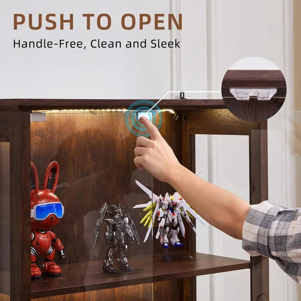 Walnut Glass Display Cabinet with 3-Color LED Motion-Sensor Light