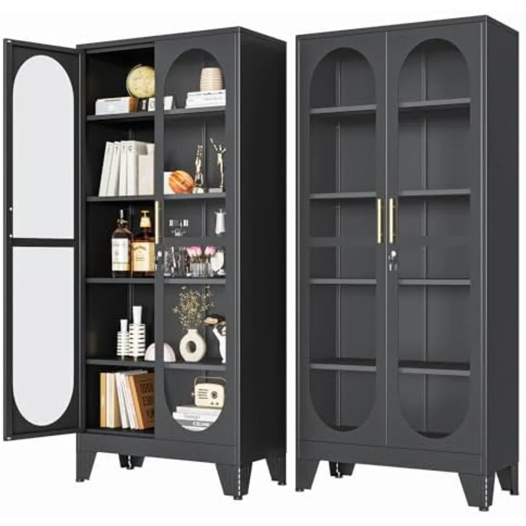 71" H Locking Display Cabinet with Glass Door, Metal Curio Cabinets with 4 Adjustable Shelves, Tall Liquor Cabinet