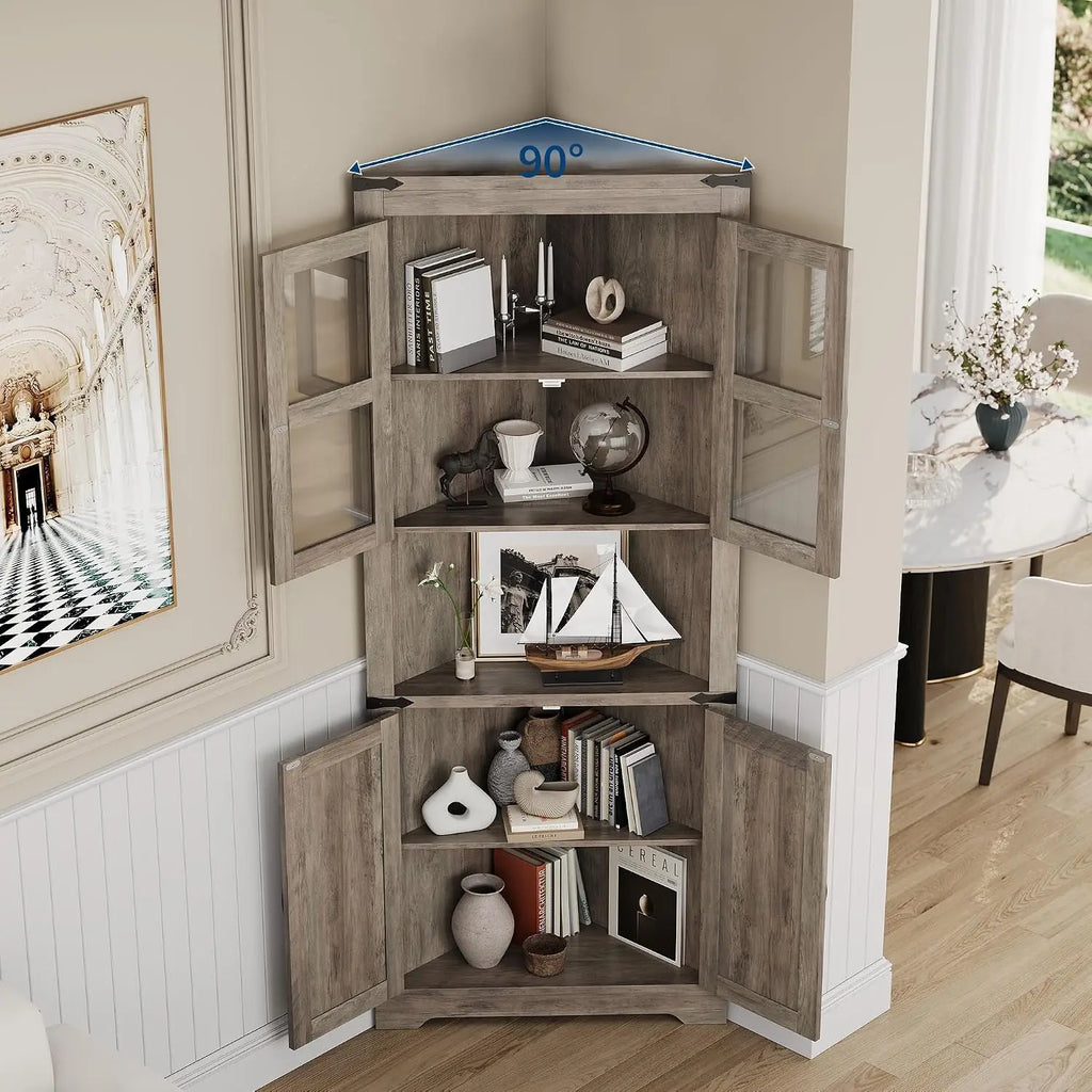 Tall Corner Storage Cabinet with Lights, Farmhouse Hutch Display, Glass Doors, Wood Organizer for Kitchen Living Room, Washed Grey