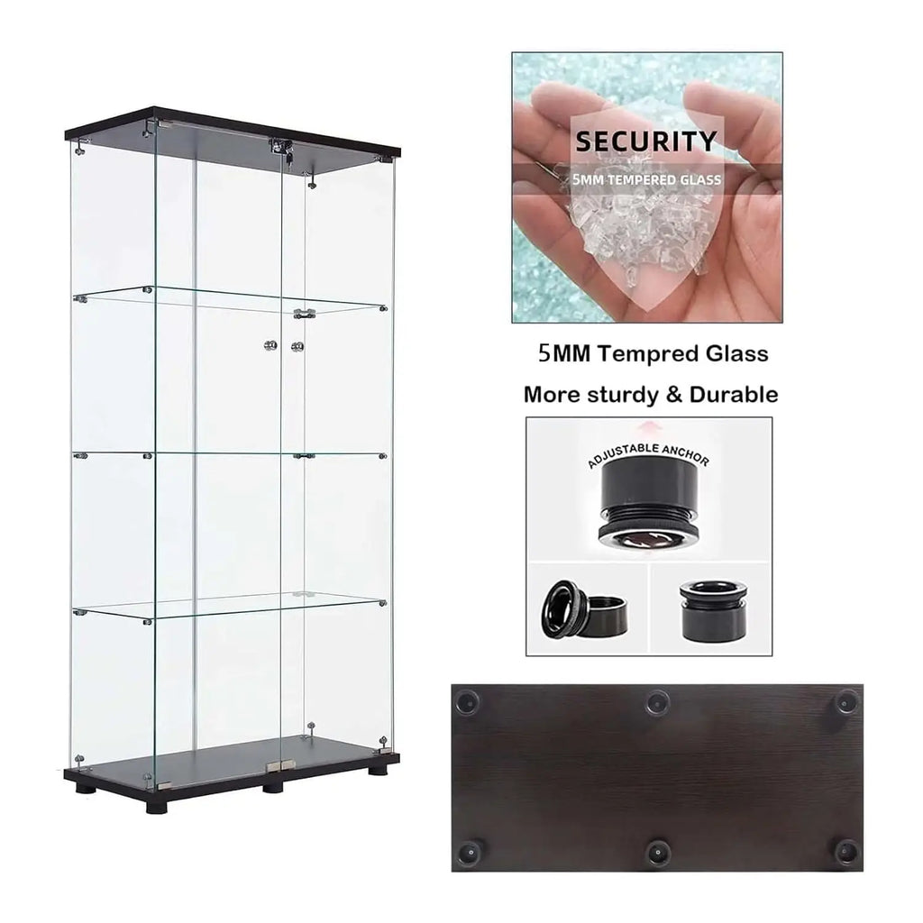 Glass Display Cabinet 4-Shelf with Double Door, Curio Display Cabinet with 5mm Tempered Glass, Floor Standing, Customized