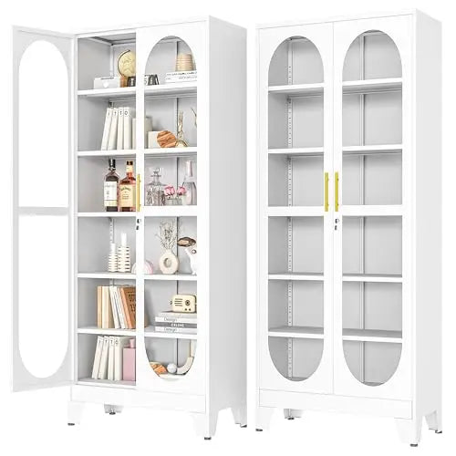 71" H Locking Display Cabinet with Glass Door, Metal Curio Cabinets with 4 Adjustable Shelves, Tall Liquor Cabinet