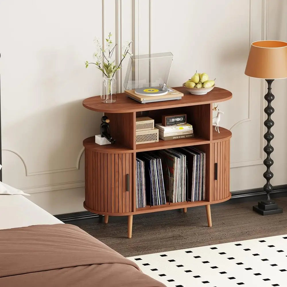 Large Round Vinyl Storage Cabinet for 150+ Records, Living Room/Bedroom Media Stand with Display Shelf in Walnut