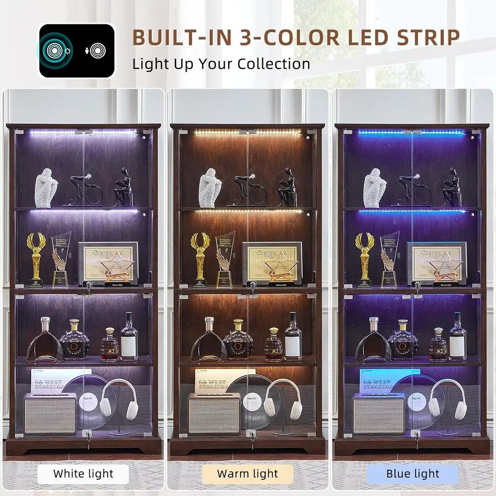 Walnut Glass Display Cabinet with 3-Color LED Motion-Sensor Light
