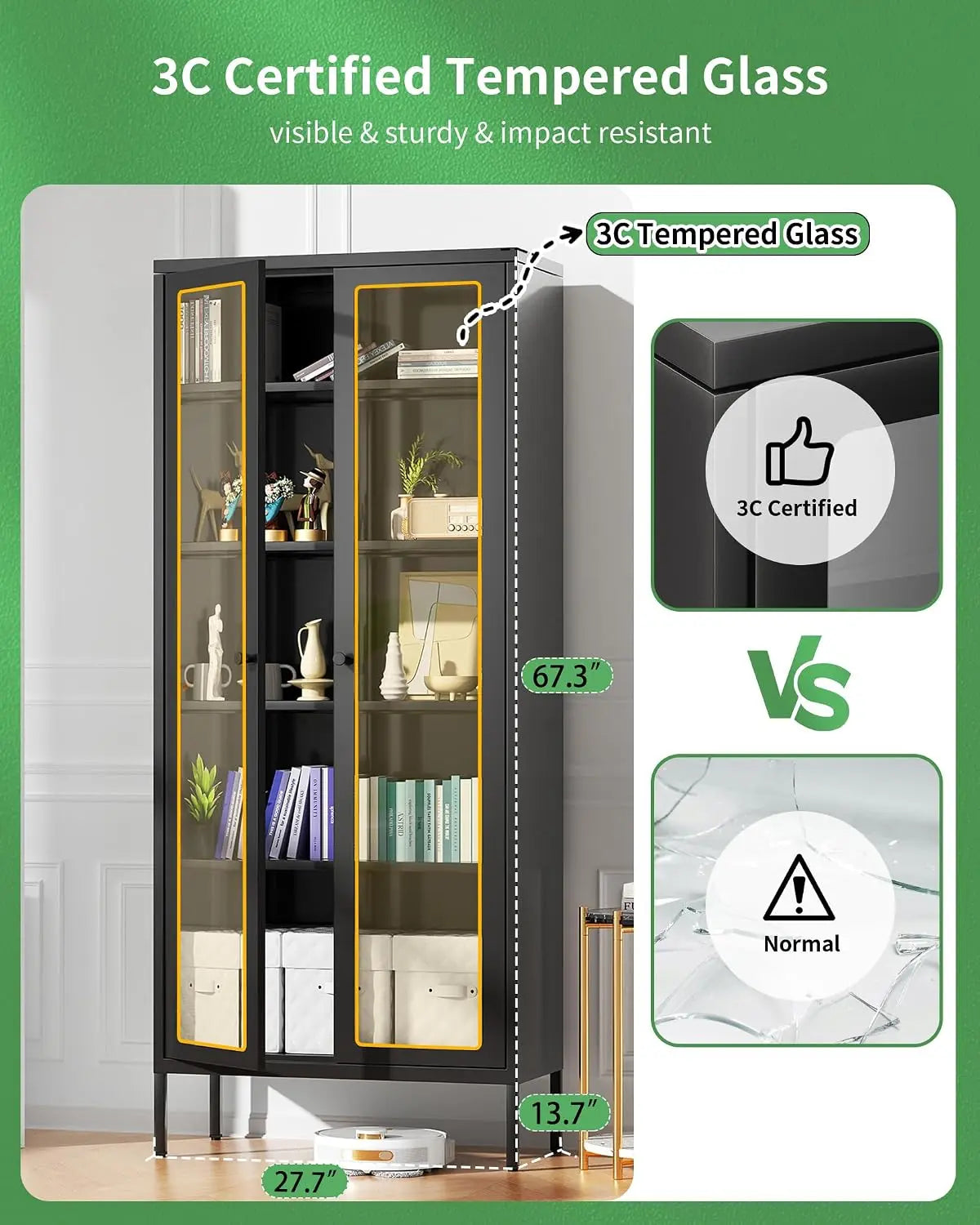 Display Cabinet with Glass Doors,67” Metal Display Curio Cabinet with Glass Doors and 4 Adjustable Shelves for, Customized