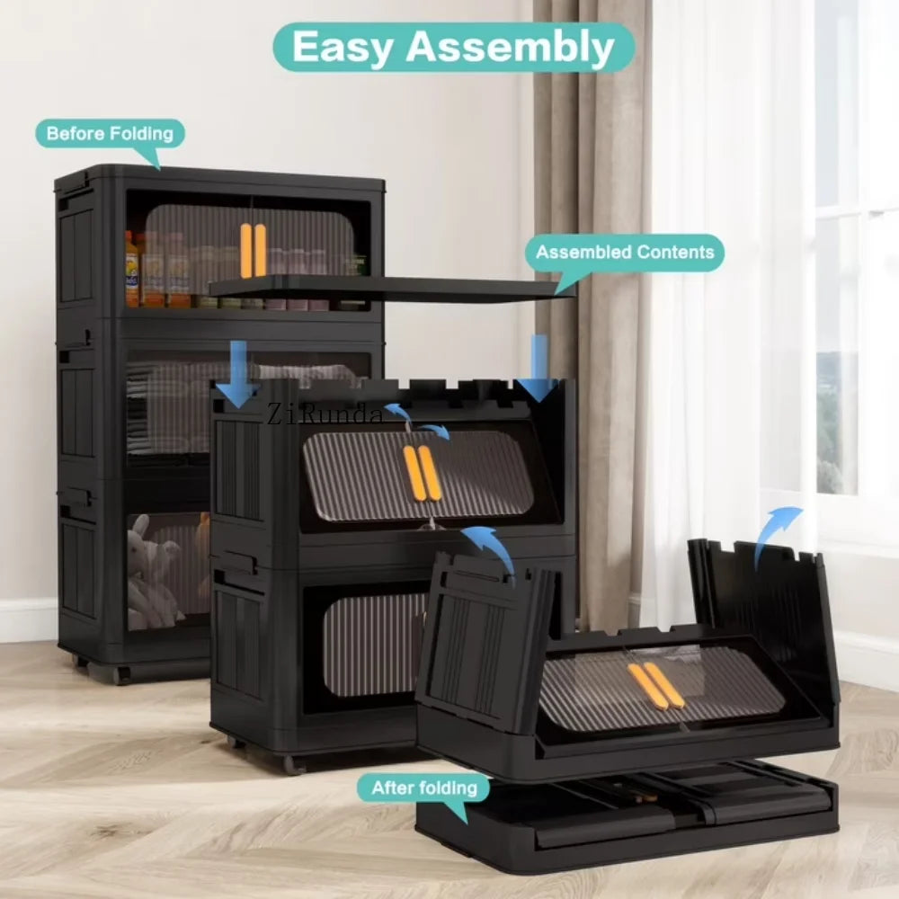 Plastic folding storage cabinet, 4-layer foldable storage box with magnetic doors and wheels, bedroom foldable closet, black -4 layers（