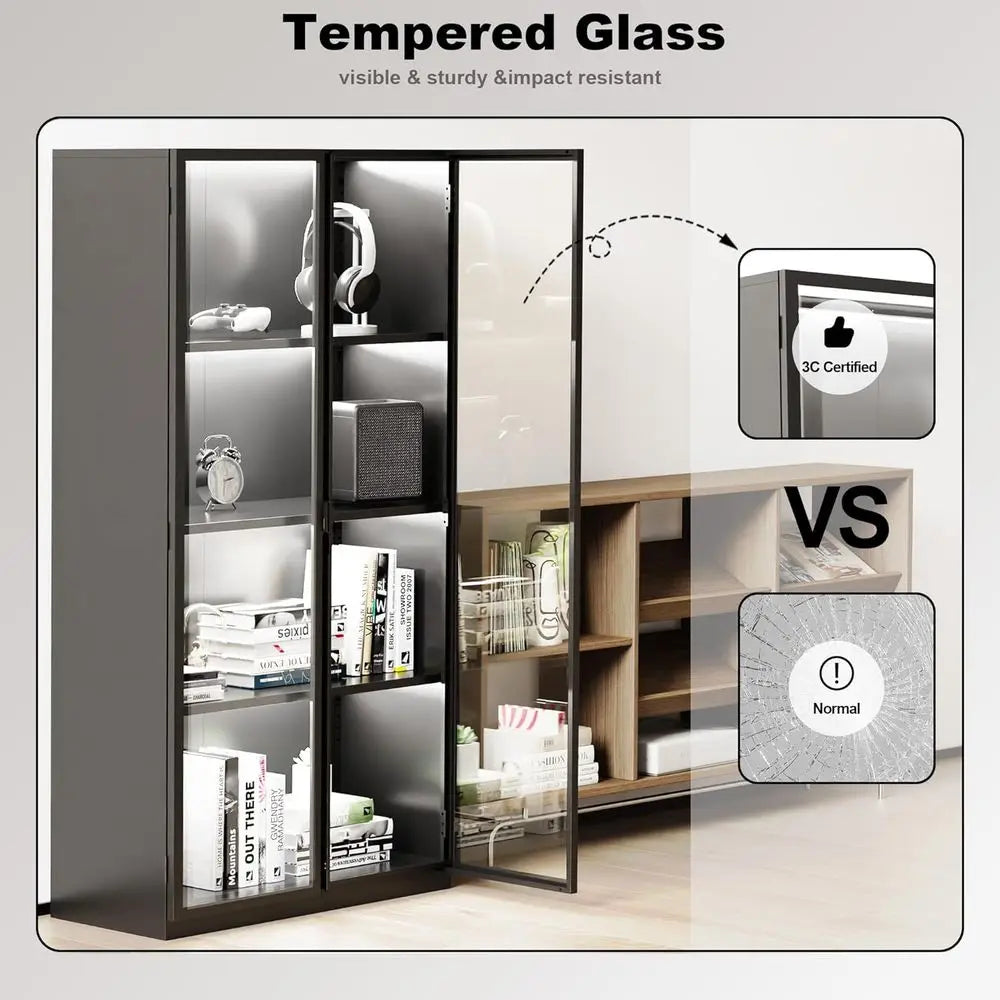 63 Tall Glass Display Cabinet with LED Lights, Adjustable Shelves for Collectibles, Suitable for Living Room, Bedroom, Office