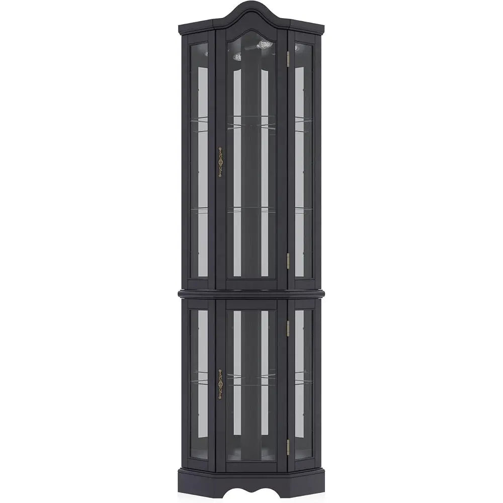 Lighted 3-Side Glass Display Curio Cabinet w/Tempered Glass Doand Shelves, Curved Wood Cabinet with Bulb, Storage Rack or Living