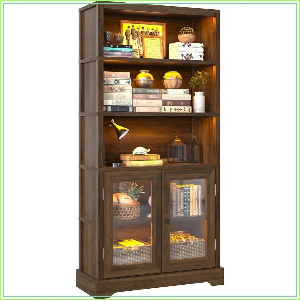 65" 5-Tier Bookshelf with Multi-Color Ambient Lights & APP Control, Tall Display Shelf with Doors, Rustic Brown for Living Room, Bedroom, Study