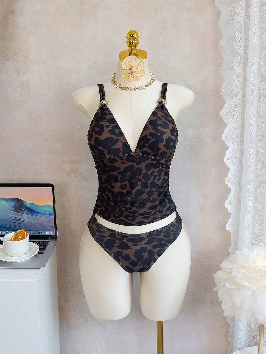 Leopard Print V-Neck Two Piece Swimsuit With Adjustable Straps Slimming Design Summer Beach Wear