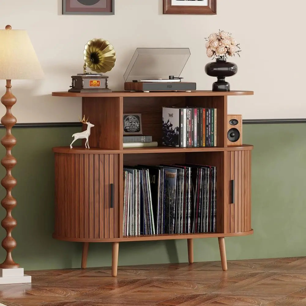Large Round Vinyl Storage Cabinet for 150+ Records, Living Room/Bedroom Media Stand with Display Shelf in Walnut