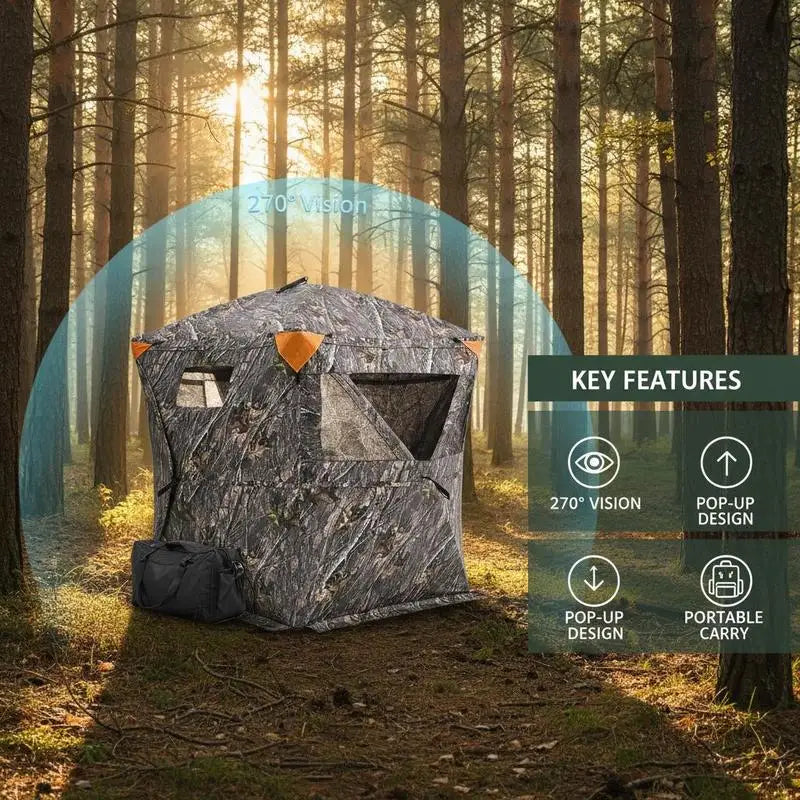 Ground Hunting Tent 60x60x66 Inches For Deer Hunting Turkey Season Archery, 270 Degree One Way Mirror Vision 3 Horizontal Windows Resilient Fabric Portable Carrying Bag Pop Up Design 1-2 Person Capacity 300D Oxford Cloth Outdoor Concealment Gear
